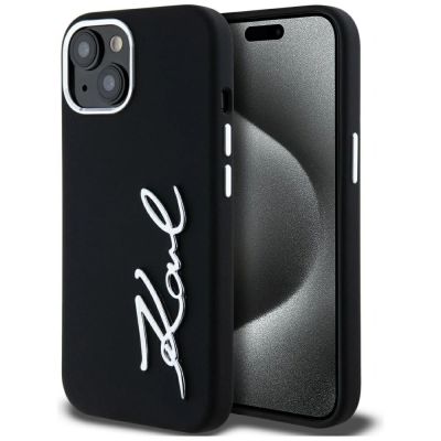 Karl Lagerfeld Silikon Metall Script Logo iPhone 15 Hülle - Schwarz