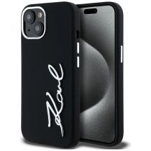 Karl Lagerfeld Silikon Metall Script Logo iPhone 15 Hülle - Schwarz