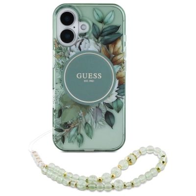 2. Guess IML Flowers With Pearl Strap MagSafe-Hülle für iPhone 16 Plus – Grün