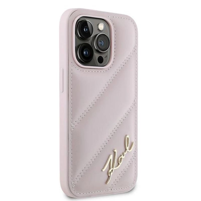 4. Karl Lagerfeld Diagonal Quilted Script Hülle für iPhone 14 Pro Max – Rosa