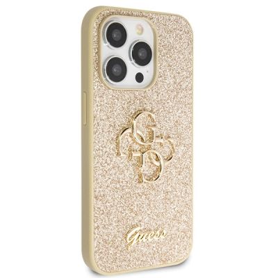 4. Guess GUHCP14LHG4SGD Hülle für iPhone 14 Pro – Gold Glitter Script Big 4G