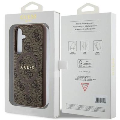 8. Guess 4G Collection Leder Metall Logo MagSafe Hülle für Samsung Galaxy S24 – Braun