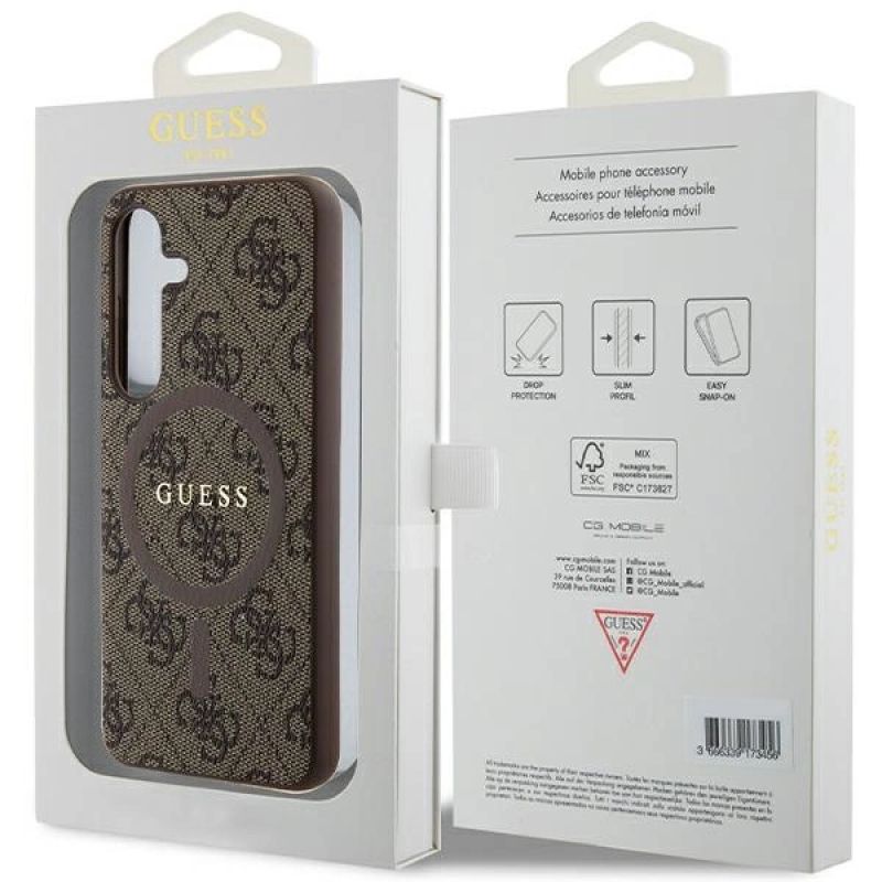 8. Guess 4G Collection Leder Metall Logo MagSafe Hülle für Samsung Galaxy S24 – Braun