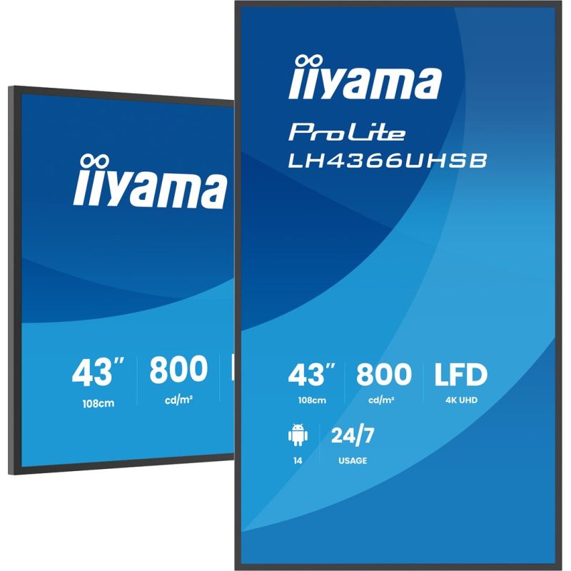 11. iiyama LH4366UHSB-B1AG Digital Signage Display, Flachbildschirm, 109,2 cm (43") LCD, WLAN, 800 cd/m², 4K Ultra HD, Schwarz, integrierter Prozessor, Android, 24/7-Betrieb