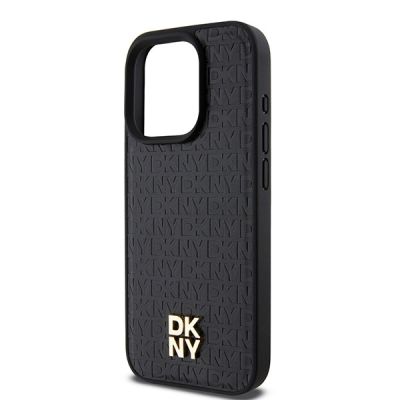6. DKNY MagSafe-Hülle aus Leder mit Monogrammmuster und Metalllogo für iPhone 15 Pro – Schwarz