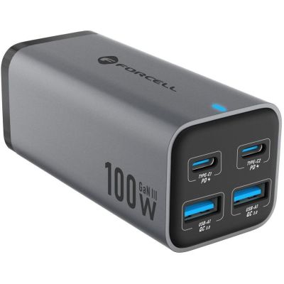 Forcell F-Energy GaN III Desktop-Ladegerät 2x USB-C 2x USB-A QC 4.0 PD 5A 100W VT-49 Grau