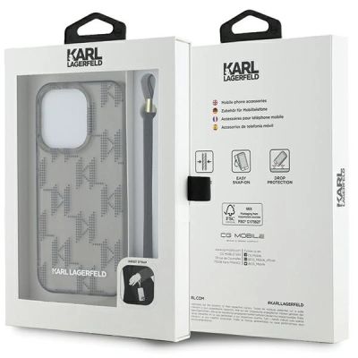 7. Karl Lagerfeld IML Mono KL Pattern & Cord Hülle für iPhone 15 Pro – Schwarz