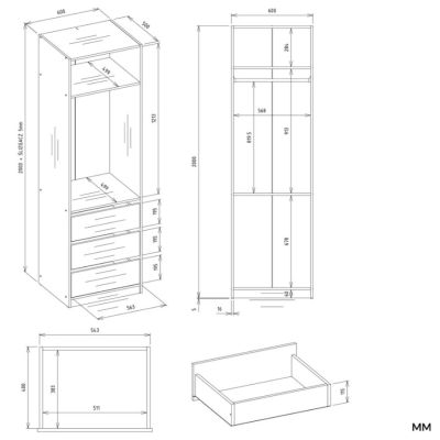 8. Garderobenschrank OPENO 1W1P3S WEISS – Modulares Regal mit Kleiderstange und 3 Schubladen