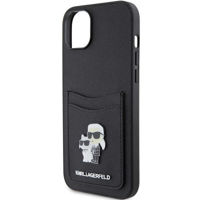 6. Karl Lagerfeld Saffiano Cardslot Karl&Choupette Metal Pin Hülle für iPhone 15 – Schwarz