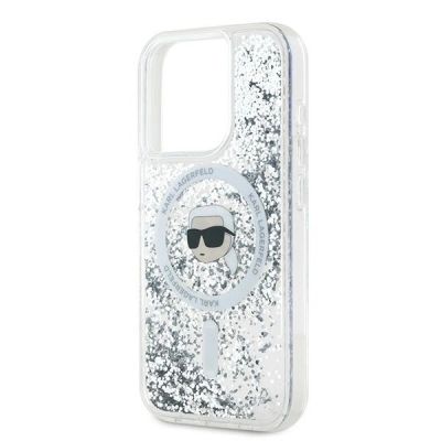 6. Karl Lagerfeld Liquid Glitter Karl Head MagSafe Hülle für iPhone 15 Pro – transparent