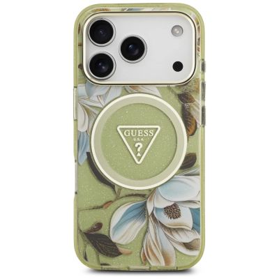3. Guess IML Glitter Flowers Dreieckige MagSafe Hülle für iPhone 17 Pro Max - Grün