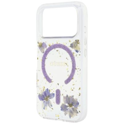 6. Guess Resin Flowers Glitter MagSafe Hülle für iPhone 18 Pro Max / 17 Pro Max - Lila