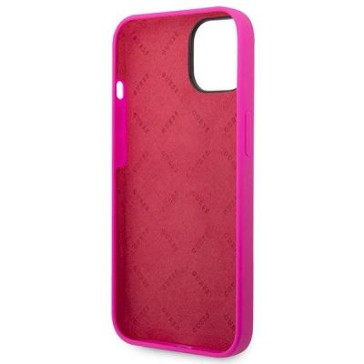 7. Guess Silikonhülle mit Vintage-Goldlogo für iPhone 14 / 15 Plus – Fuchsia