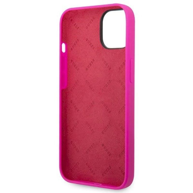7. Guess Silikonhülle mit Vintage-Goldlogo für iPhone 14 / 15 Plus – Fuchsia