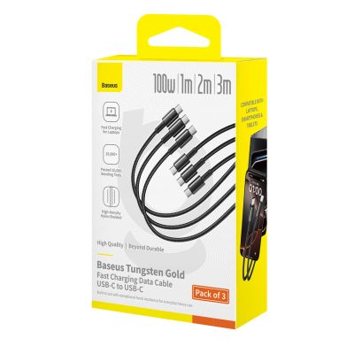 2. Baseus Wolfram Gold 100W USB-C Kabelset – USB-C 1 m, 2 m, 3 m – Schwarz