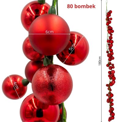 9. Girlandenzweig, 180 cm lang, mit 80 Kugeln, rotem Glimmer