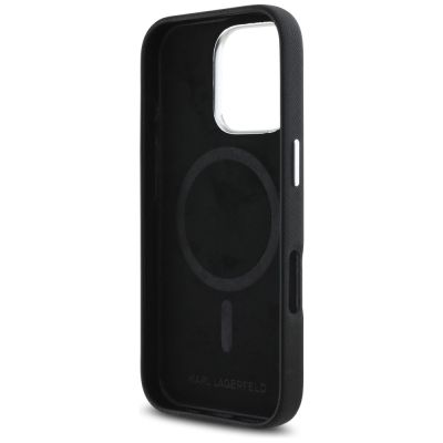 7. Karl Lagerfeld Saffiano Vollständig umwickeltes längliches Metalllogo MagSafe iPhone 16 Pro Max-Hülle - Schwarz
