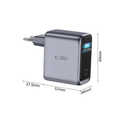 4. Tech-Protect PowerVision NC100W-GaN 3-Port PD 100W / QC3.0 Wandladegerät – Dunkelgrau