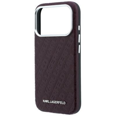 6. Karl Lagerfeld MagSafe-Schutzhülle aus Metall mit genarbtem Allover-Logo für iPhone 17 Pro Max / 18 Pro Max – Burgunderrot