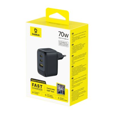 3. Baseus EnerFill FE22 70W Wandladegerät 2 x USB-C + USB-A - Schwarz