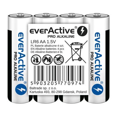 EVERACTIVE PRO ALKALINE-BATTERIEN AA, LR6, 4 STÜCK, SCHRUMPFVERPACKT, 1250 mAh, HOHE LEISTUNG, LR6PRO4T