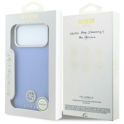 8. Guess MagSafe Hülle mit genarbtem, rundem Strass-Logo für iPhone 18 Pro / 17 Pro – Blau