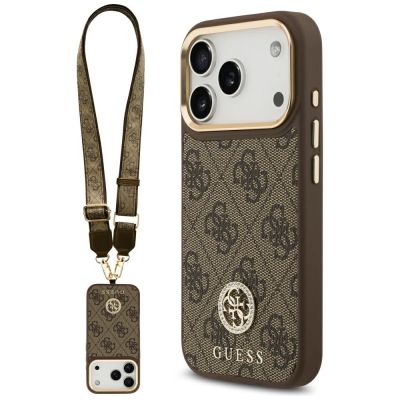Guess 4G Strass Logo & Big Strap Metal Buttons MagSafe Case für iPhone 17 Pro - Braun