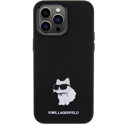 3. Karl Lagerfeld Choupette Metal Pin-Hülle aus Silikon für iPhone 15 Pro Max – Schwarz