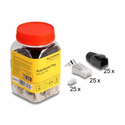 2. DeLOCK RJ45-Modularstecker mit Zugentlastung, Cat.6A-, Cat.7- und Knickschutzkappen, 25er-Set