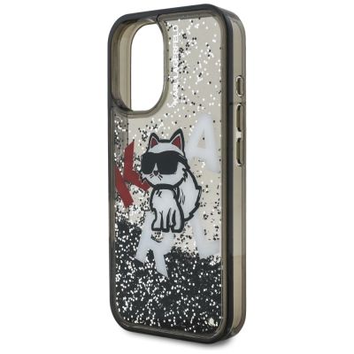 6. Karl Lagerfeld iPhone 16 Hülle mit flüssigem Glitzer und Choupette-Logo – Schwarz