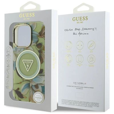 8. Guess Glitter Flowers Triangle Buttons MagSafe Case für iPhone 16 Pro Max grün