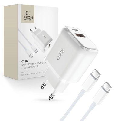 Tech-Protect C20W USB-C PD 20W / USB-A QC 3.0 Netzwerkladegerät mit USB-C / USB-C-Kabel – Weiß