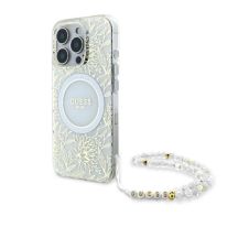 Guess IML Flowers Allover Electro With Pearl Strap MagSafe-Hülle für iPhone 16 Pro – Weiß