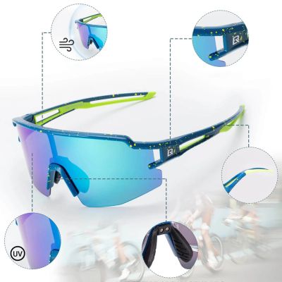 4. Rockbros Polarisierte Fahrradbrille mit UV-Schutz und Korrektureinsatz, blaue Gläser, Blau