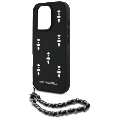 5. Karl Lagerfeld Saffiano Crystals w/Chain iPhone 16 Pro Max Hülle - Schwarz