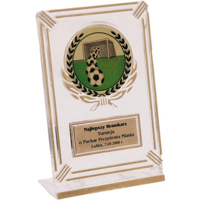 5. Trophäe aus transparentem, goldfarbenem Kunststoff mit Platz für einen 50-mm-Aufkleber und eine 50 mm x 20 mm große TM-Plakette.