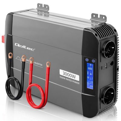 Qoltec Sinus-Spannungswandler | 12 V auf 230 V | 1500/3000 W | LCD | USB | USB-C | Kompatibel mit LiFePO4-, GEL- und AGM-Akkus
