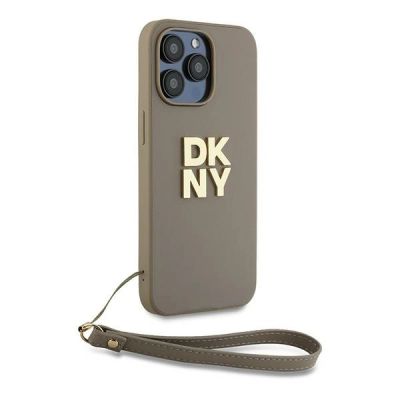 3. DKNY Wrist Strap Stock Logo Hülle für iPhone 15 Pro – Beige