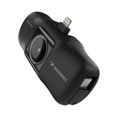 Wozinsky WF16-YLS 5000 mAh 15 W Lightning Mini-Powerbank mit integriertem USB-C-Kabel und Apple Watch Ladegerät – Schwarz