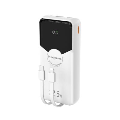 Wozinsky WFC-15W 20000mAh 22,5W PD20W Powerbank mit integrierten Lightning und USB-C-Kabeln – Weiß