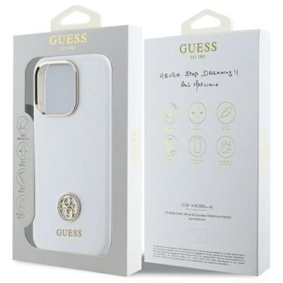 8. Guess Silikon Logo Strass 4G Hülle für iPhone 16 Pro – weiß