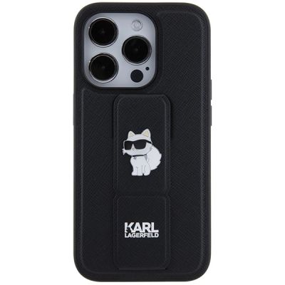 3. Karl Lagerfeld Gripstand Saffiano Choupette Pins Hülle für iPhone 14 Pro Max – Schwarz