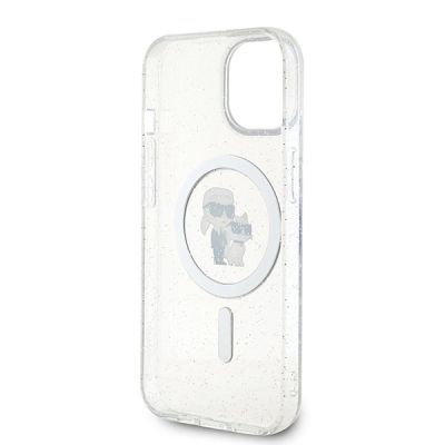 7. Karl Lagerfeld Karl&Choupette Glitter MagSafe Hülle für iPhone 15 Plus – transparent