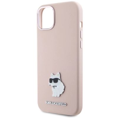 6. Karl Lagerfeld Silikon Choupette Metall Pin Hülle für iPhone 15 Plus / 14 Plus – Rosa
