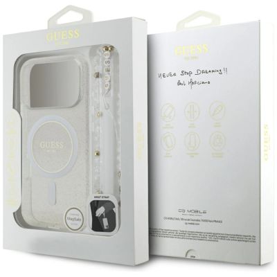 8. Guess IML Glitter Pearl Strap MagSafe Hülle für iPhone 17 Pro - Transparent