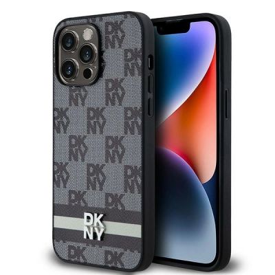 DKNY Lederhülle mit kariertem Monomuster und bedruckten Streifen für iPhone 14 Pro Max – Schwarz