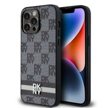 DKNY Lederhülle mit kariertem Monomuster und bedruckten Streifen für iPhone 14 Pro Max – Schwarz