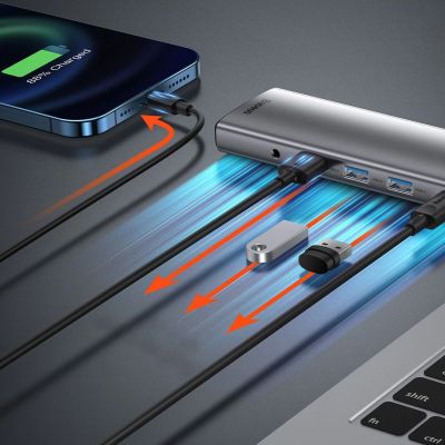 14. Baseus Metal Gleam 11in1 multifunktionaler USB Type C HUB - 3x USB 3.2 Gen 1 5Gbps / USB Type C PD 100W / 3,5 mm Miniklinke AUX / VGA Full HD 60Hz / 2x HDMI 4K 30Hz / TF- und SD-Kartenleser / RJ45 1Gbps grau (CAHUB -CT0G)