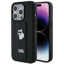 Karl Lagerfeld Gripstand Saffiano Choupette Pins Hülle für iPhone 14 Pro Max – Schwarz