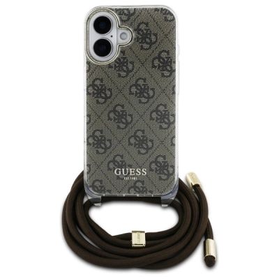 2. Guess Crossbody Cord 4G Print Hülle mit Trageband für iPhone 16 – Braun